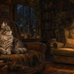 Smokey the gray tabby sits possessively in a lamplit armchair while staring across a cozy evening sitting room at a second empty chair beneath another lamp.