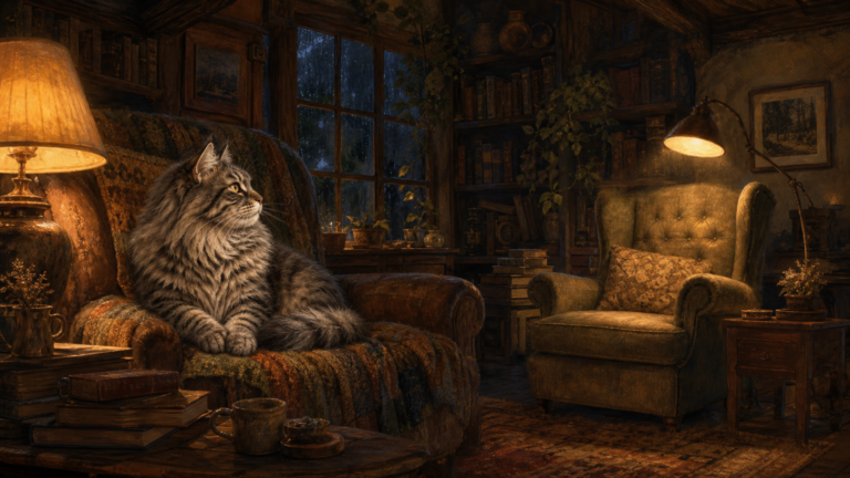 Smokey the gray tabby sits possessively in a lamplit armchair while staring across a cozy evening sitting room at a second empty chair beneath another lamp.
