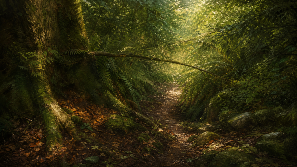 A narrow, leaf-softened path opens behind ferns and a hanging branch in a damp green woodland, with pale light filtering through thinning trees.