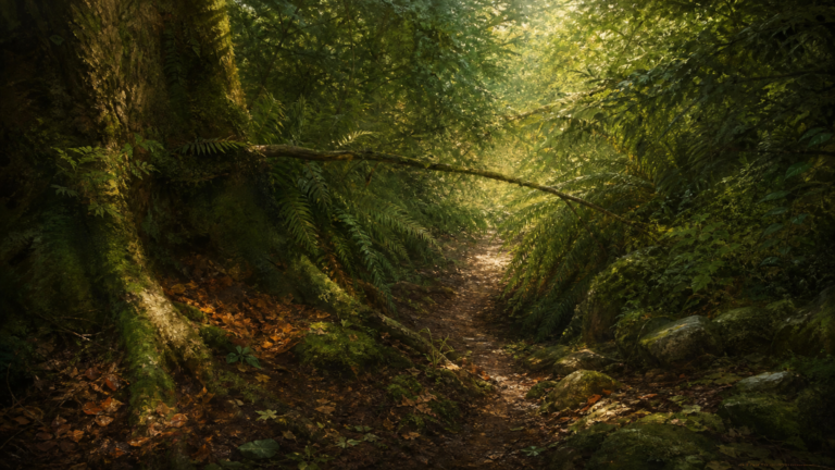 A narrow, leaf-softened path opens behind ferns and a hanging branch in a damp green woodland, with pale light filtering through thinning trees.
