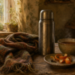A metal flask, a cup of dark orange tea, orange peel curls, and a single clove rest beside a walking scarf on a worn wooden kitchen table in soft morning light.