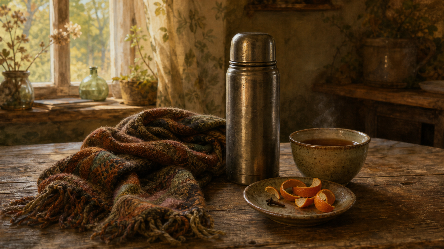 A metal flask, a cup of dark orange tea, orange peel curls, and a single clove rest beside a walking scarf on a worn wooden kitchen table in soft morning light.
