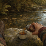 A first-person view from a mossy streamside stone, with muddy boots, a hand pouring tea from a flask, clear water over rounded stones, and yellow leaves on the bank.