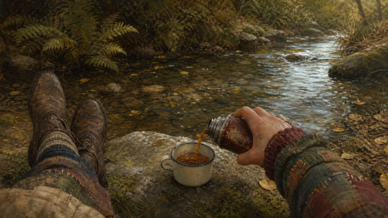 A first-person view from a mossy streamside stone, with muddy boots, a hand pouring tea from a flask, clear water over rounded stones, and yellow leaves on the bank.