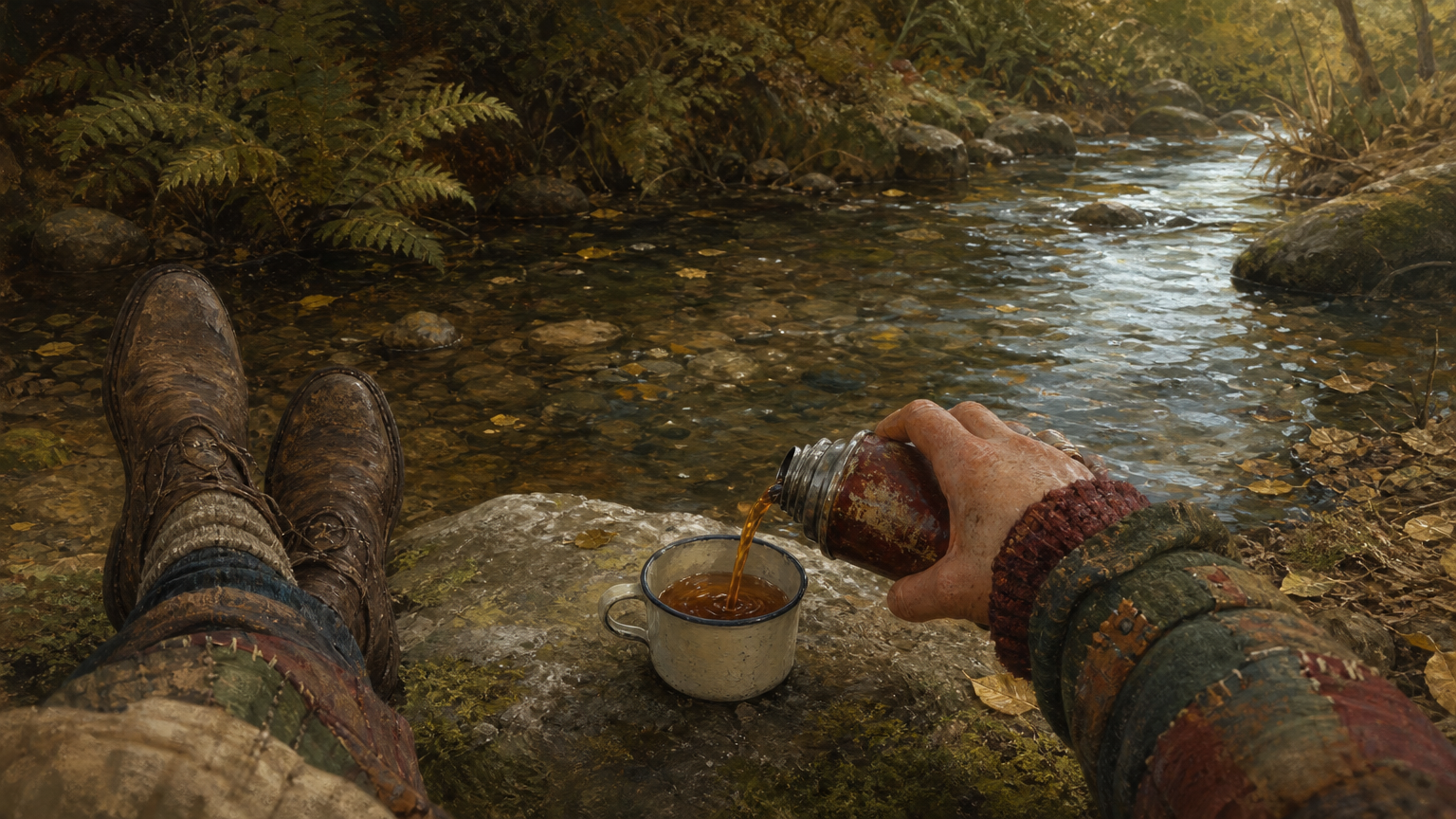 A first-person view from a mossy streamside stone, with muddy boots, a hand pouring tea from a flask, clear water over rounded stones, and yellow leaves on the bank.