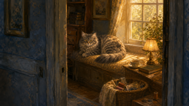 Smokey sleeps in a narrowing patch of window sunlight beside a mending basket and glowing old lamp in a shadowy cottage sitting room.