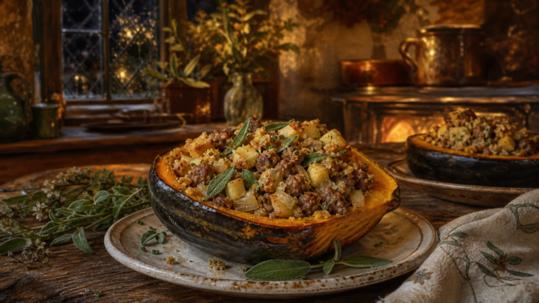 A browned sausage, apple, and sage stuffed acorn squash half on a worn ceramic plate in a warmly lit cottage kitchen.