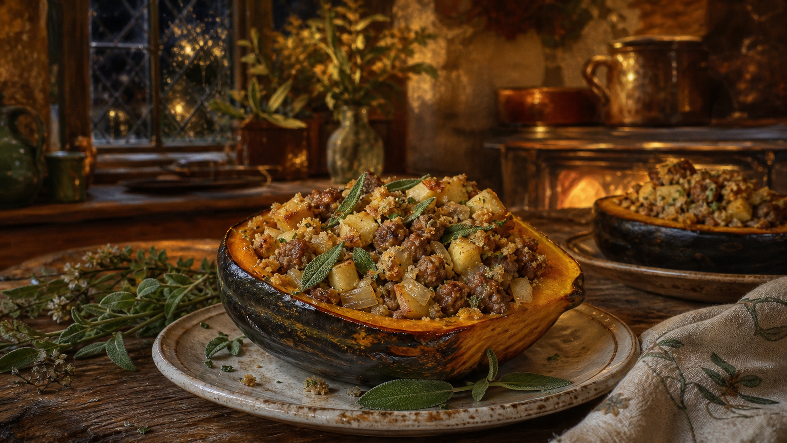 A browned sausage, apple, and sage stuffed acorn squash half on a worn ceramic plate in a warmly lit cottage kitchen.