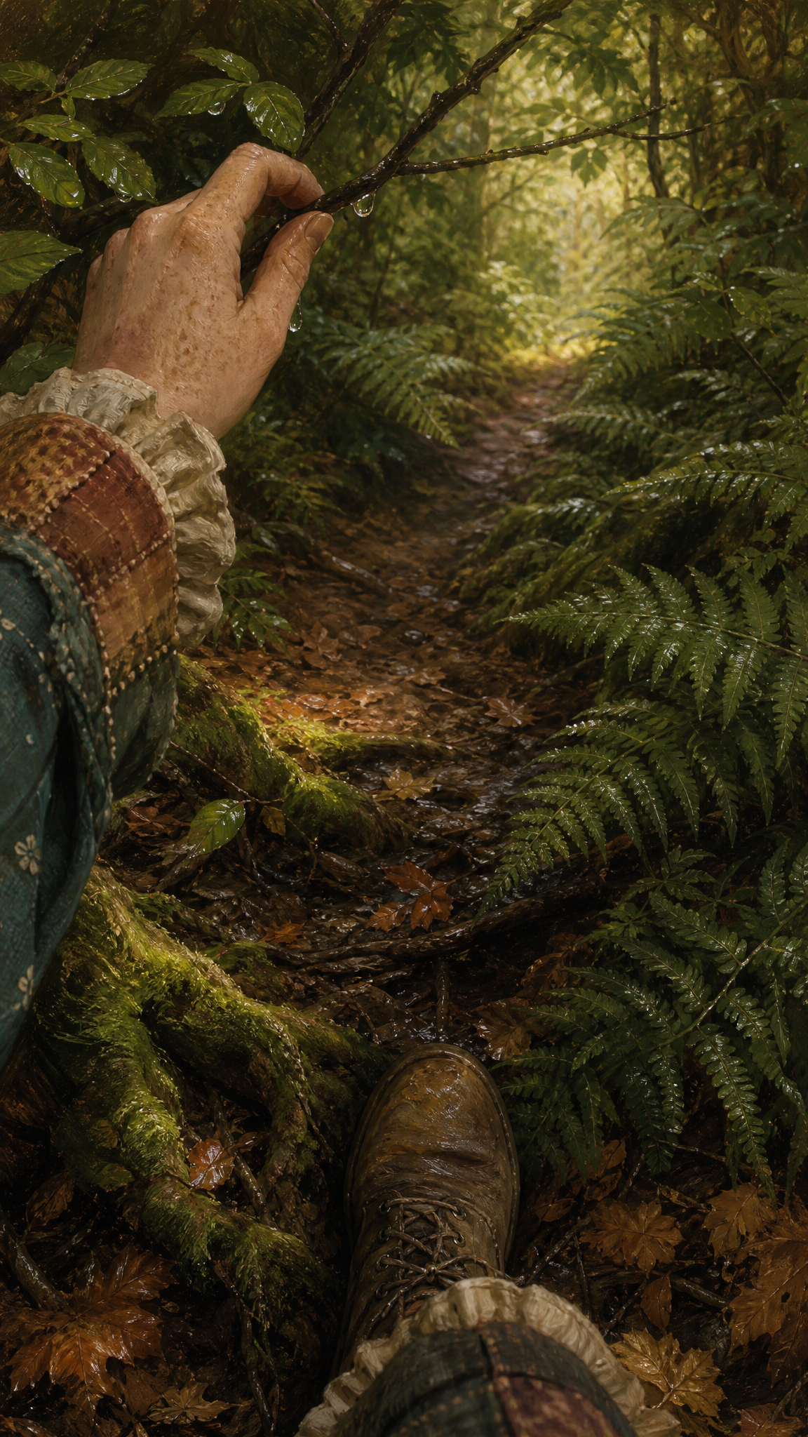 A hand in a patchwork sleeve lifts a low branch aside above a boot at the entrance to a wet, fern-hidden woodland path.