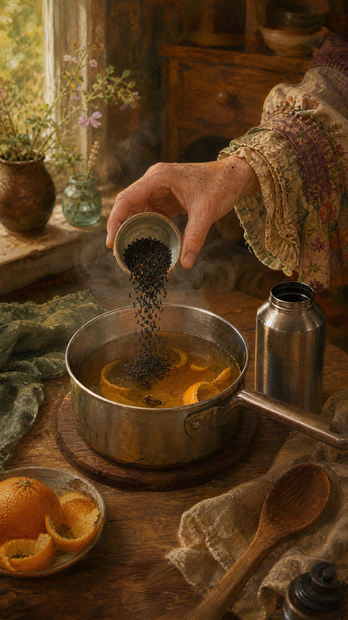 A hand adds loose black tea to a small saucepan of simmered orange peel and a single clove, with a metal flask waiting beside it.