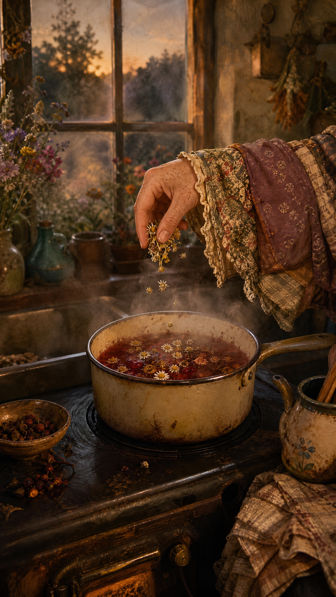 A hand adds pale chamomile flowers to a simmering enamel saucepan where rosehips and dried apple have turned the water a deep red.