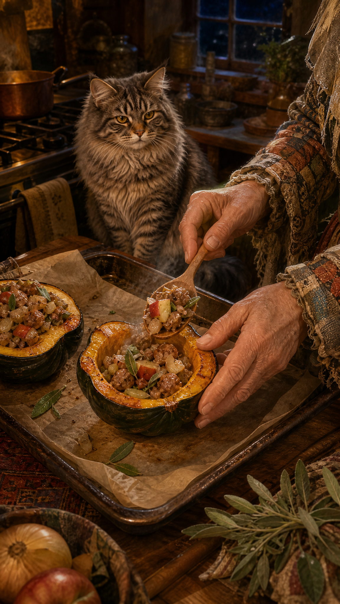 Hands spoon sausage, apple, and sage filling into roasted acorn squash while a gray tabby watches beside the stove.