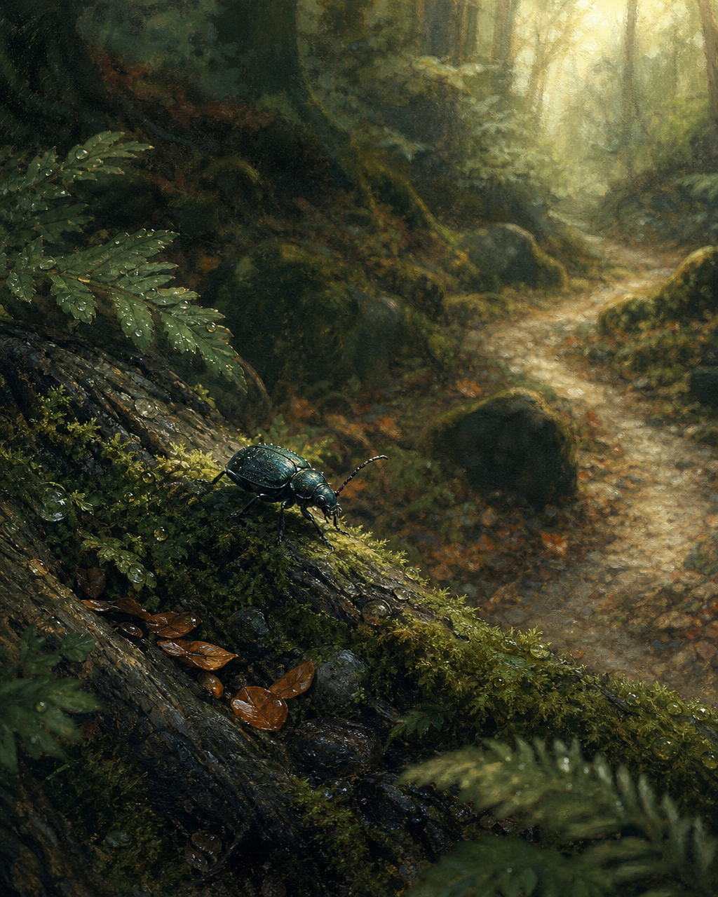 A small beetle crosses a rain-damp, mossy root among copper leaves beside a faint woodland trail.