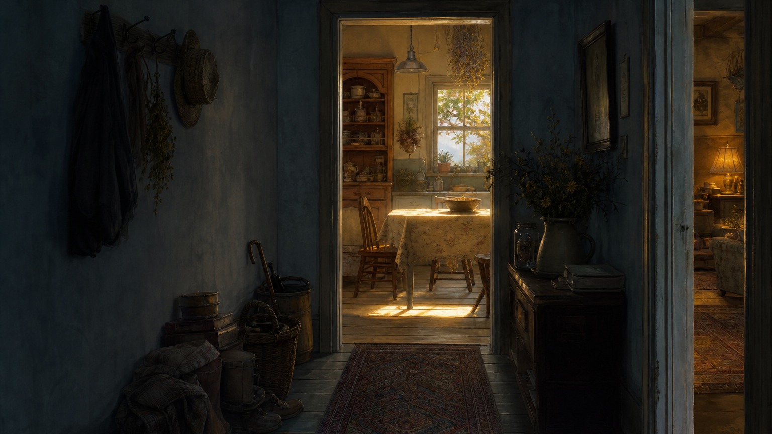 A dim blue-gray cottage hallway opens onto a kitchen table still crossed by a stripe of pale golden afternoon light.