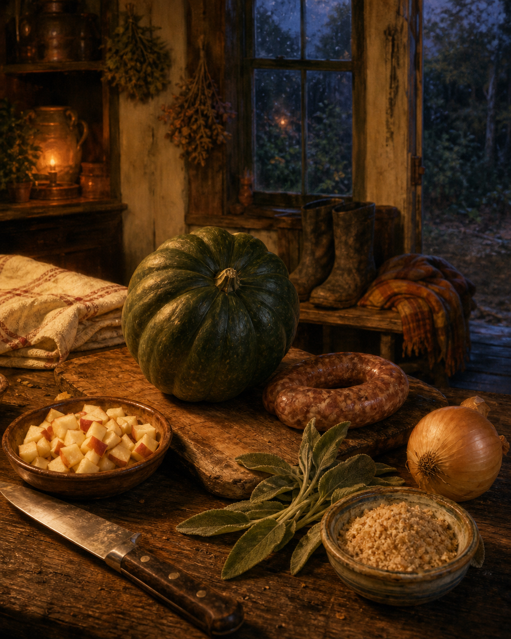 Acorn squash, apple, sausage, sage, and other ingredients on a wooden cutting board beside muddy boots and a folded scarf.